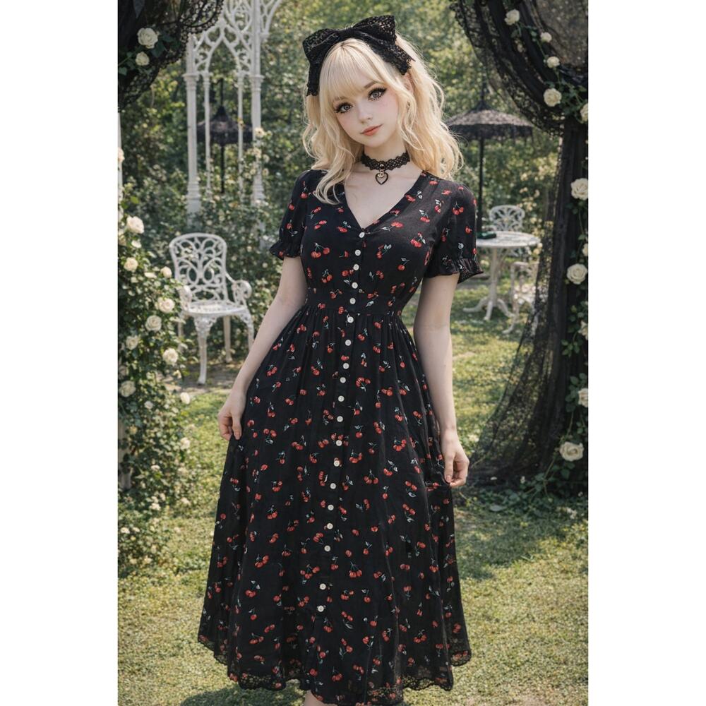 Cherry Print Black Midi Maxi Dress M Retro